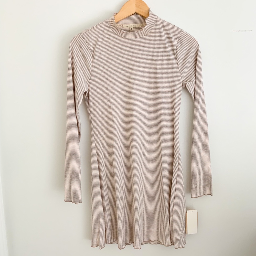 Copper Key stripped rubbed lettuce hem mock neck dress.